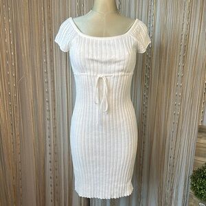 White Ribbed Tie Front Bodycon Midi Dress